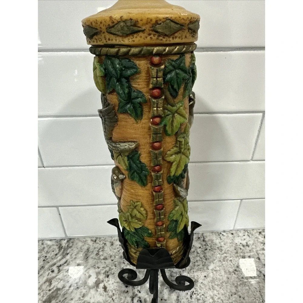 Vintage Pillar Candle With Iron Metal Holder Birds Leaves Great‎ Christmas Gift